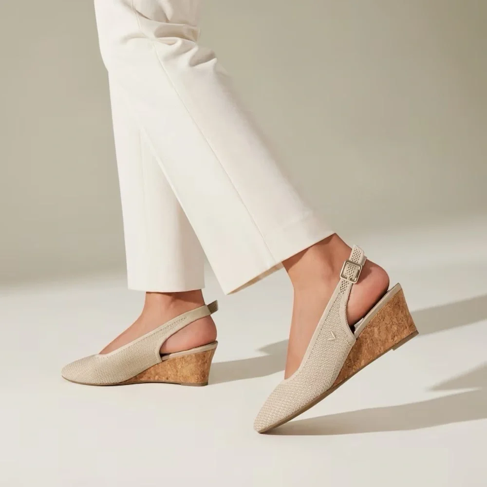Vivaia Almond Toe Beige Slingback Wedge Tamia in Almond Crochet-Still Full Price